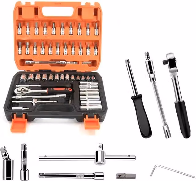 VOGREX 53-Piece Metric Socket Set with Ratchet and Torx Wrench Kit in Silver – 1