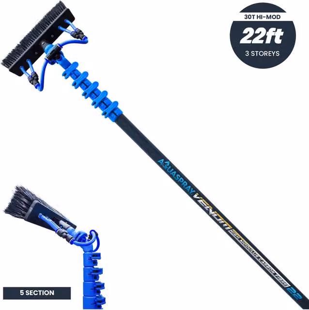 Aquaspray Venom 30T High-Mod Carbon Fibre Waterfed Window Cleaning Pole with Telescopic Handle, Blue, 22ft