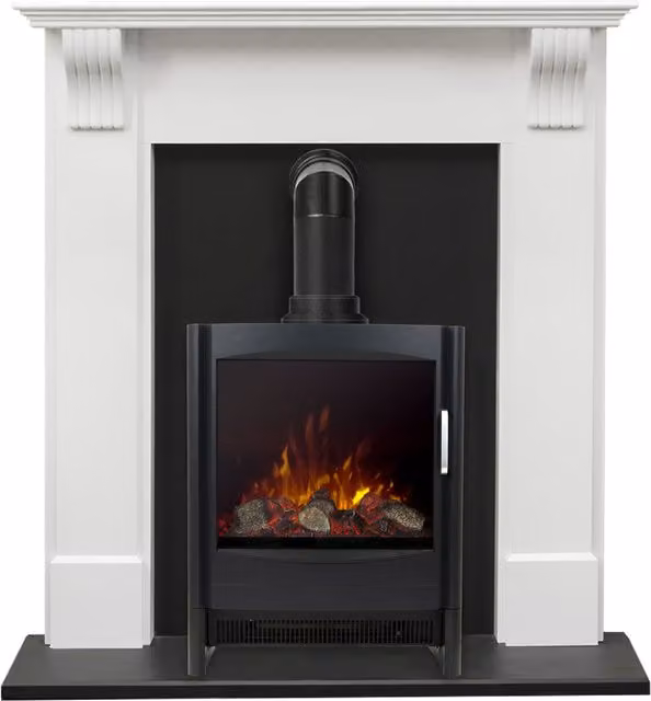 Adam Fires & Fireplaces Harrogate Surround in Pure White with Keston Electric Stove in Black