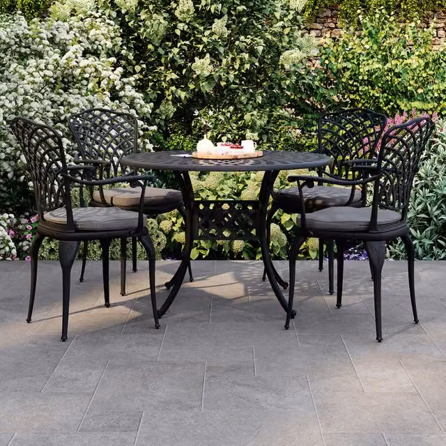Charles Bentley Cast Aluminium Outdoor Dining Set with Table and 4 Chairs in Black and Grey