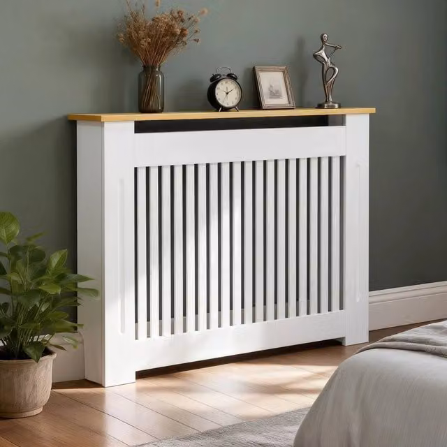 FORGEVIO Vertical Medium Radiator Cover in White with Wood Texture Top, W/D/H: 112 x 20 x 92.5 cm