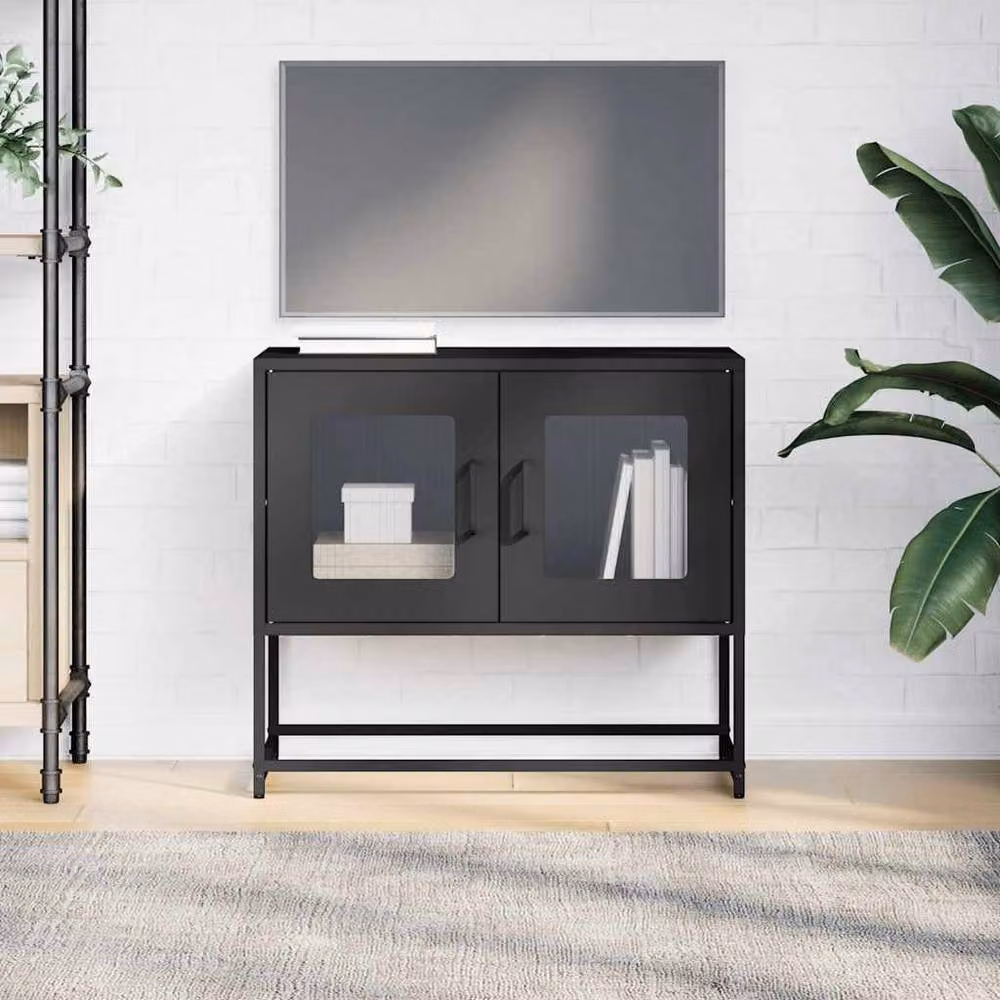 Berkfield Home Industrial Black Metal TV Cabinet with Glass Doors, W/D/H: 68 x 39 x 60.5 cm – 3
