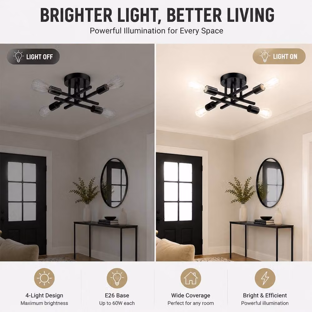 INMTFEI 4 Light Semi Flush Mount Ceiling Light in Matte Black Industrial Metal Fixture – 3