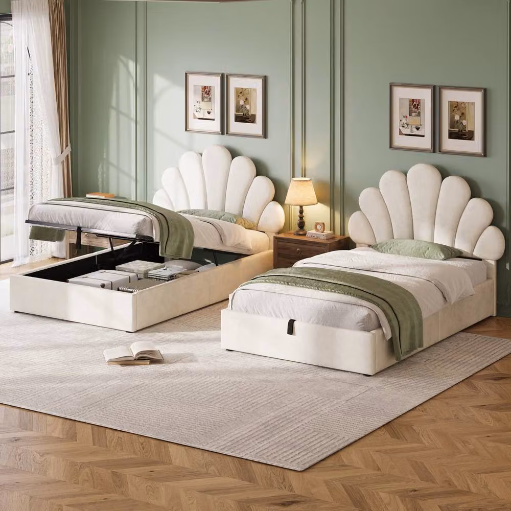 Matteo Single Upholstered Bed with Petal Headboard and Hydraulic Storage, Beige, W/D/H: 90 x 190 cm – 5