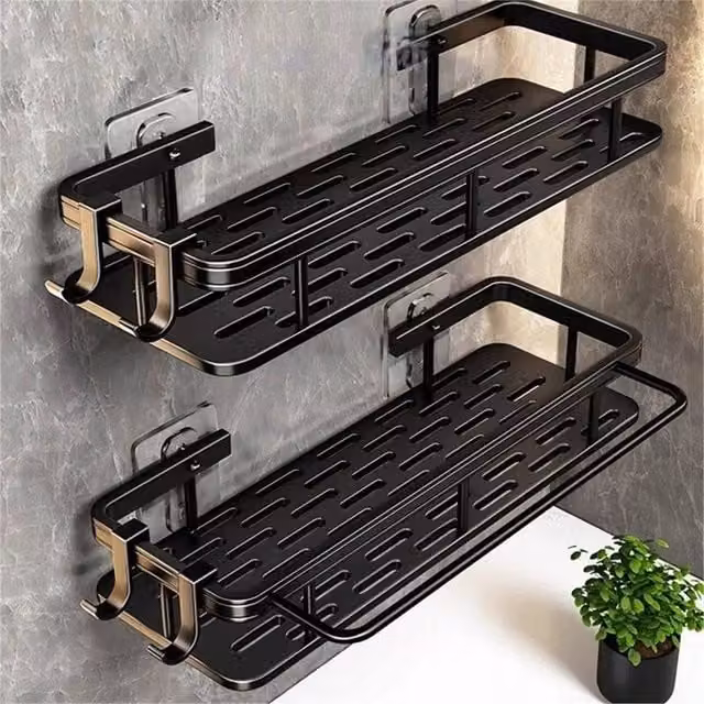 Kelvenix 2-Piece No-Drill Adhesive Corner Bathroom Shelf Set in Matt Black