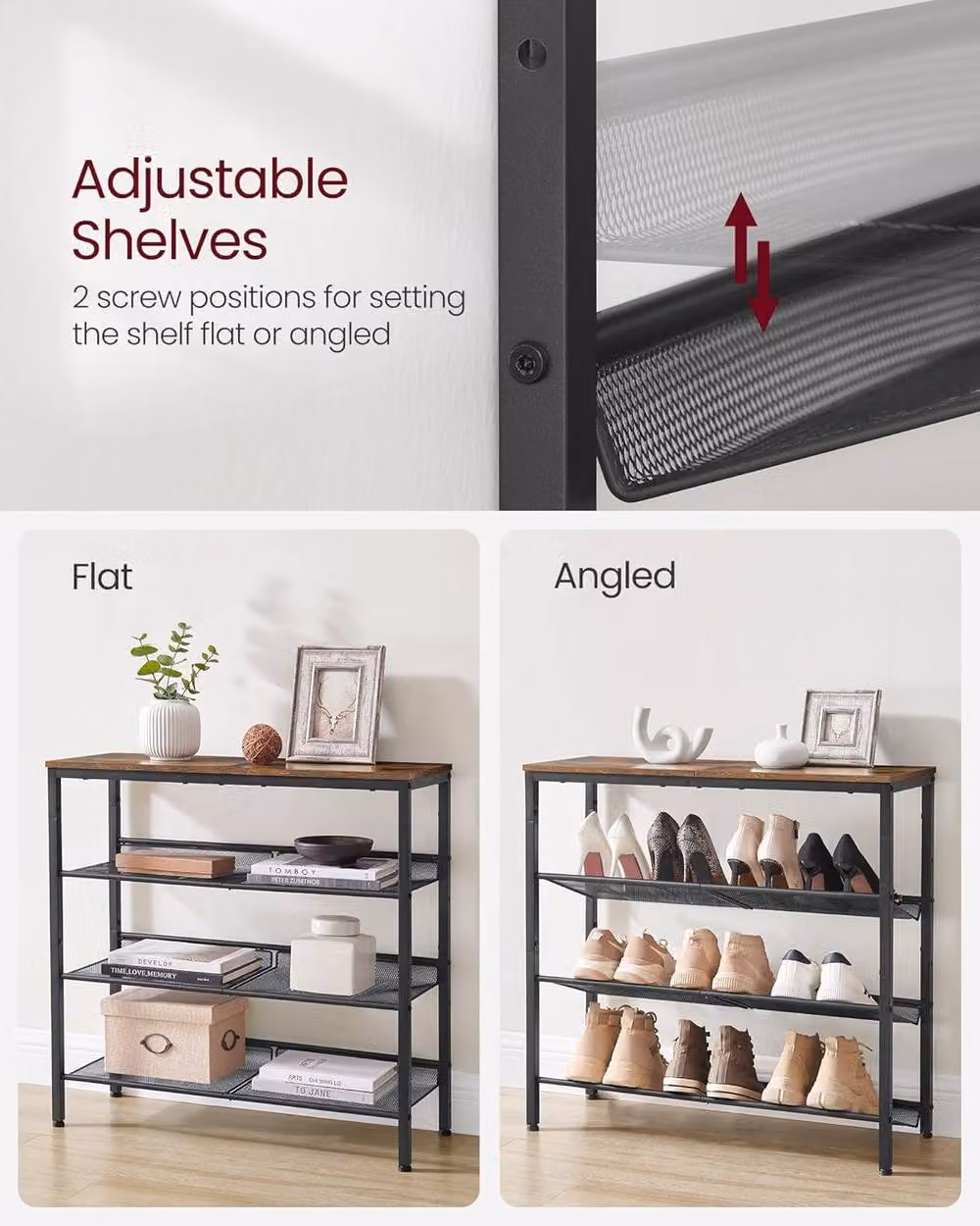 VASAGLE Adjustable Industrial Shoe Rack with Steel Frame and MDF Shelves in Brown – 5