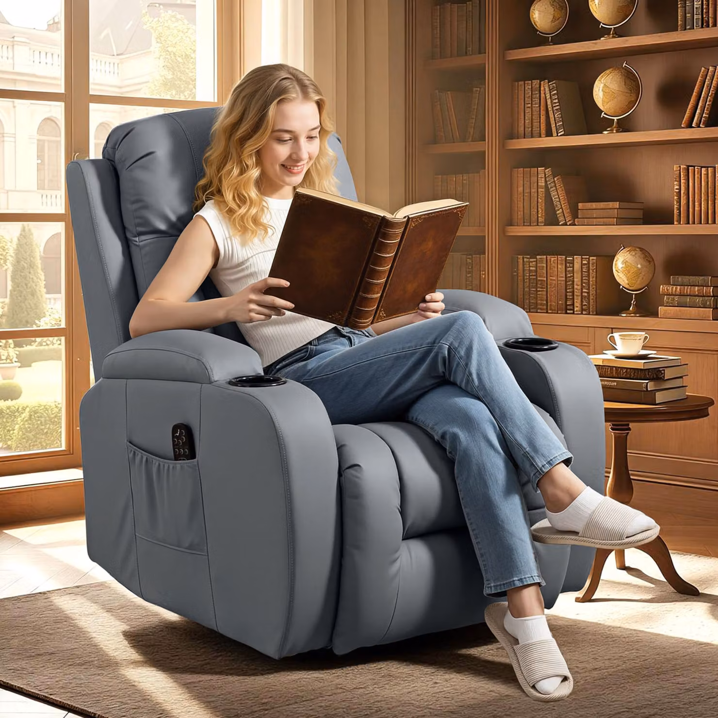 HOMCOM Grey PU Leather Massage Recliner Armchair with Swivel and Manual Lever Function – 2