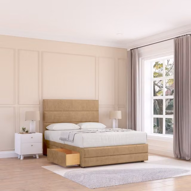 Sloomy Monaco Upholstered Bed Base with 2 Drawers and Floor Standing Headboard in Brown, Size: Super King (W/D/H: 200 x 200 x 30.48 cm)