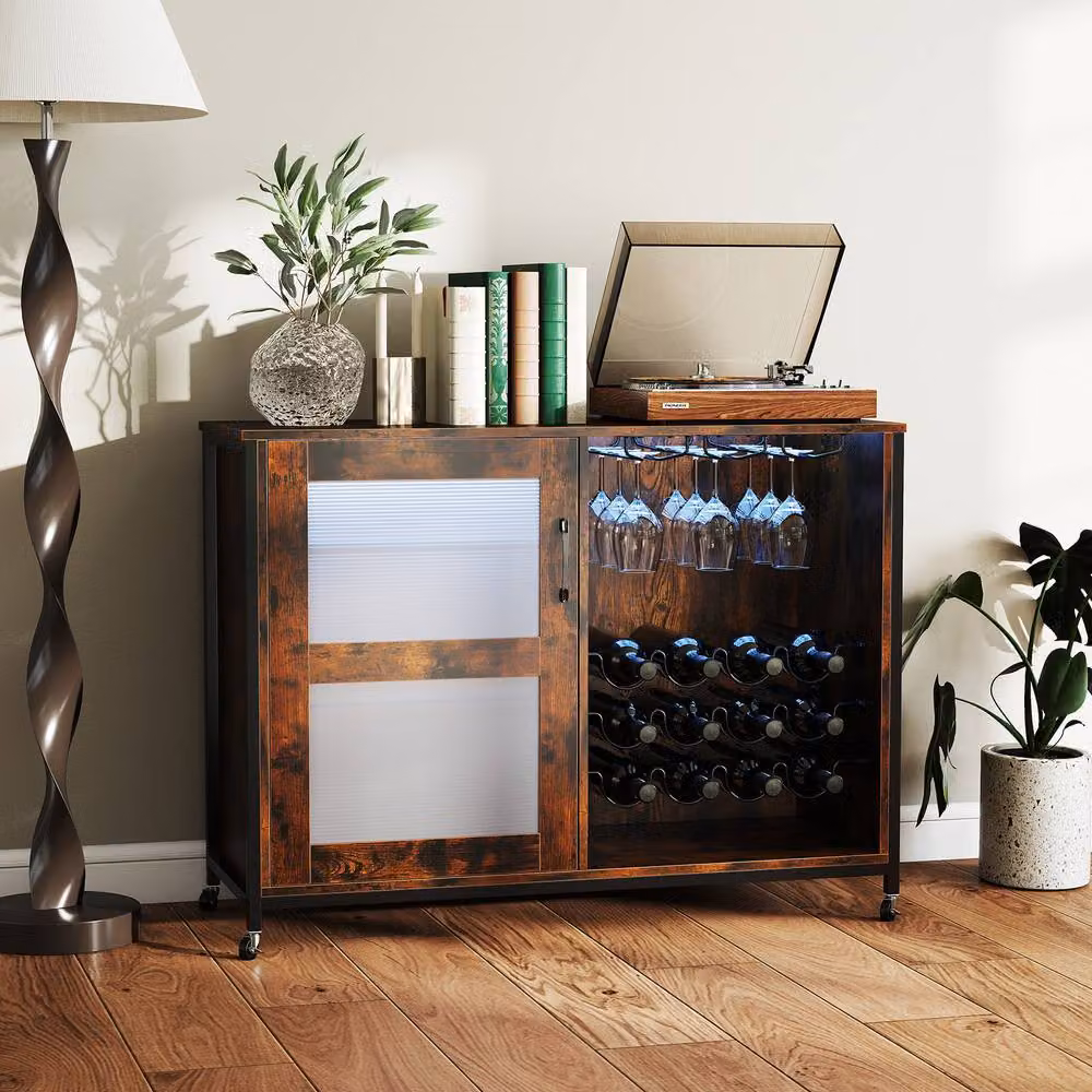 Costway Industrial Wooden Wine Bar Cabinet with LED Lights and Wheels, Brown – 2