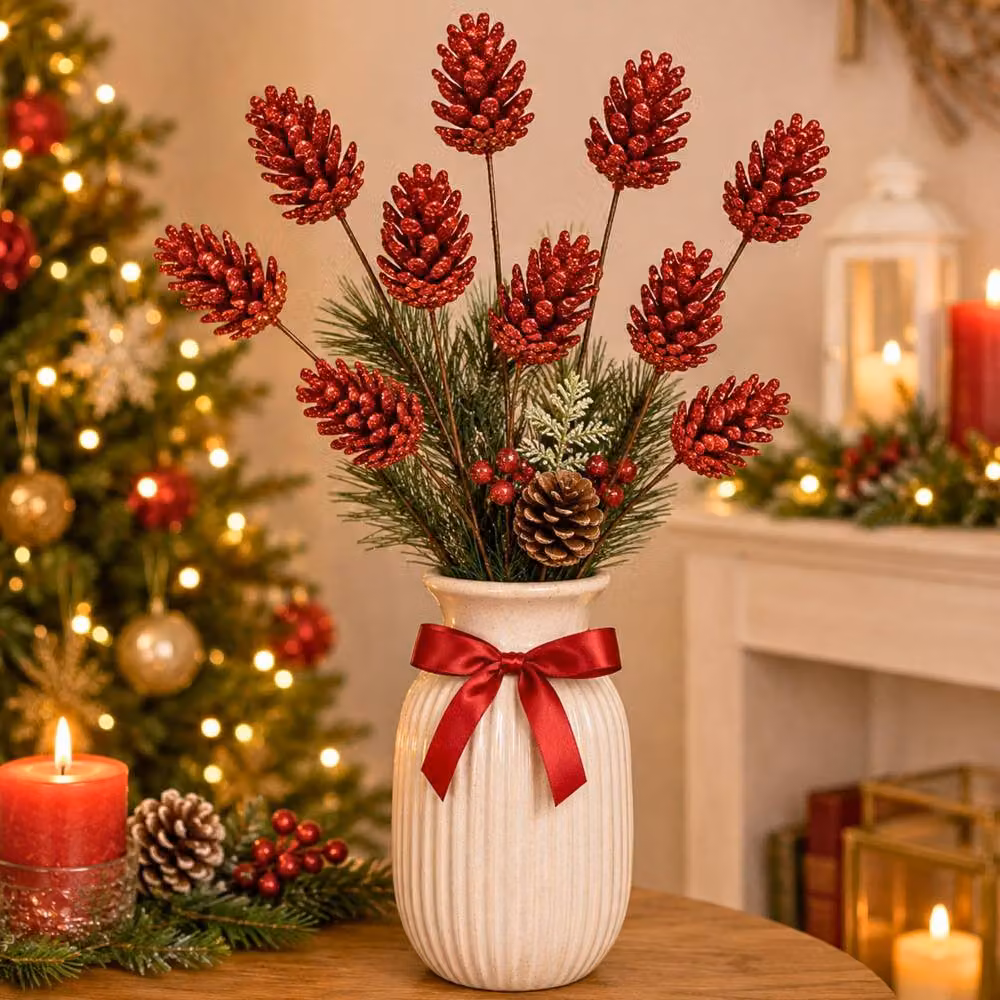 Shatchi Red Glitter Pine Cone Christmas Picks, 12 Pack, Height: 58 cm – 2