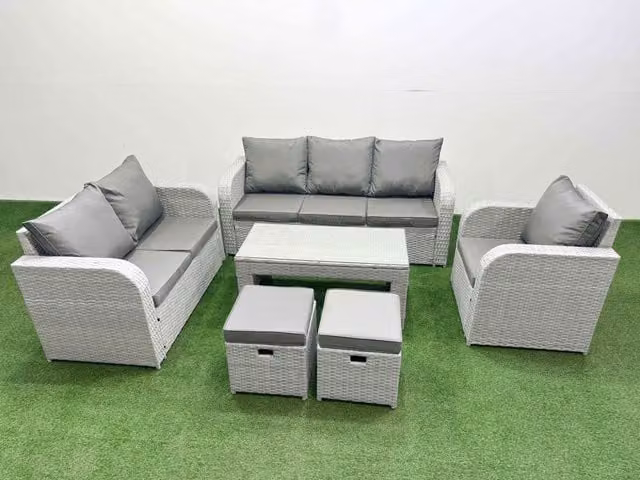 Fimous Patio 8 Seater Rattan Outdoor Furniture Set in Light Grey with Coffee Table, 3 Seater Sofa, Loveseat, Reclining Chairs and Ottoman
