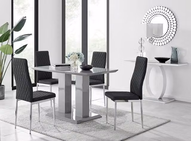 FurnitureboxUK Imperia Grey High Gloss 4 Seater Dining Table with 4 Black Faux Leather Milan Chairs with Silver Legs – 1