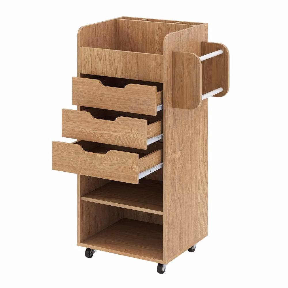 Costway Rolling Storage Cart Mobile Cabinet with 3 Drawers in Natural Wood and Metal Finish – 4
