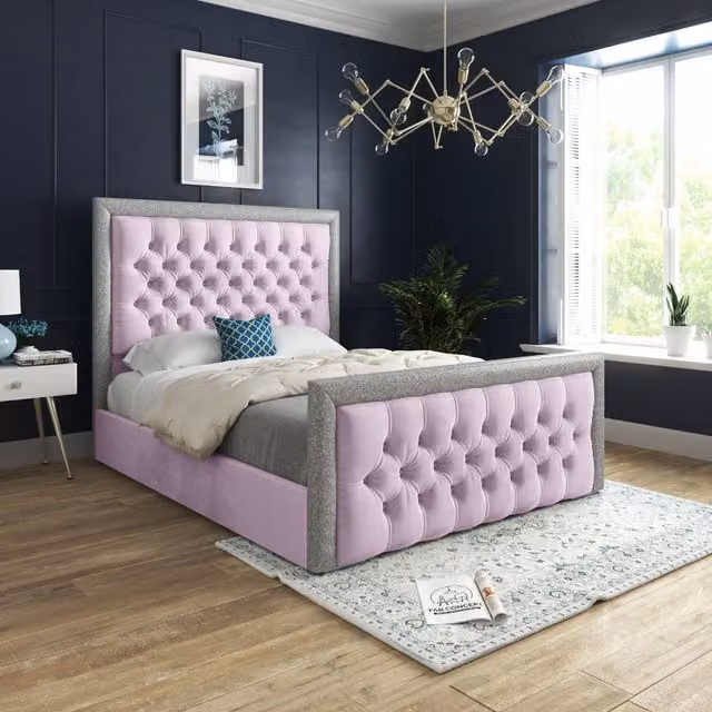 KDMD Venice Glitter Border Upholstered Soft Velvet Pink Bed Frame, Size: Single (90 x 200 cm) – 1