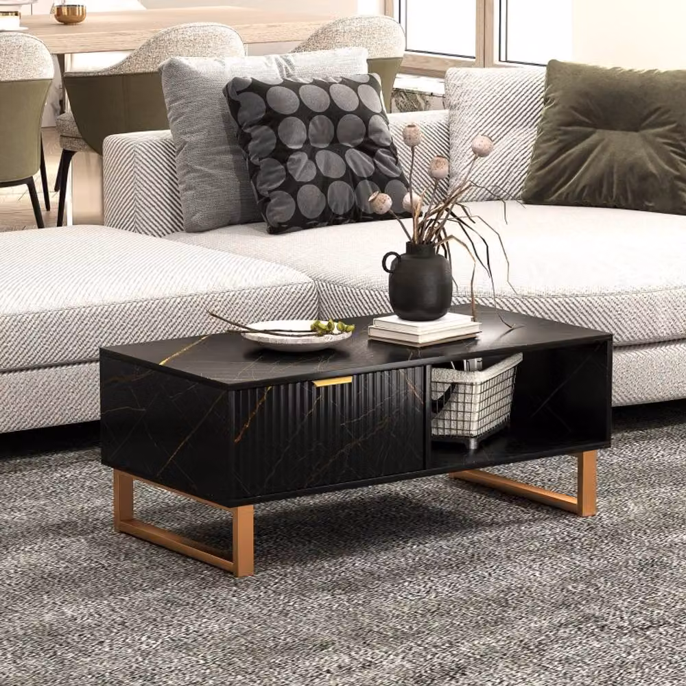 STILVORA Modern Rectangular Coffee Table with Drawer and Shelves in Black Marble Effect and Gold Metal Sled Base – 2