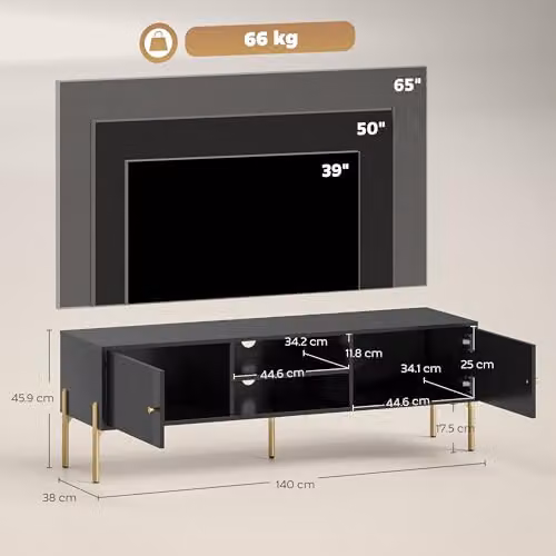 HOMCOM Modern Geometric TV Stand for Televisions up to 66 Inch, Black and Gold Metal Entertainment Center, W/D/H: 140 x 38 x 45.9 cm – 6