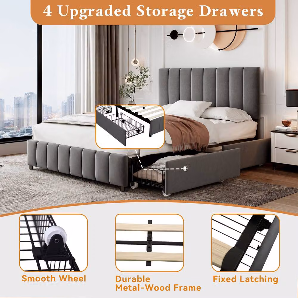 Merax Double Velvet Bed with 4 Drawers and Channel-Tufted Headboard, Grey, W/D/H: 140 x 200 x 135 cm – 3