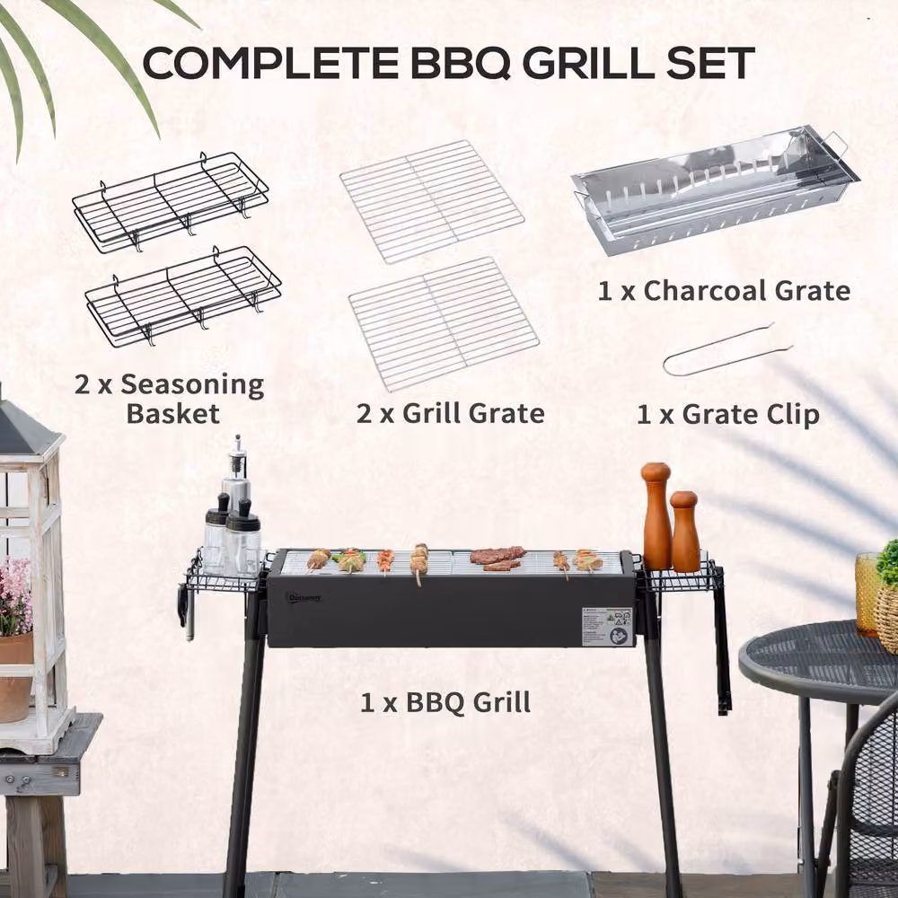 Outsunny Portable Charcoal Barbecue Grill with Seasoning Baskets and Hooks, Black – 11