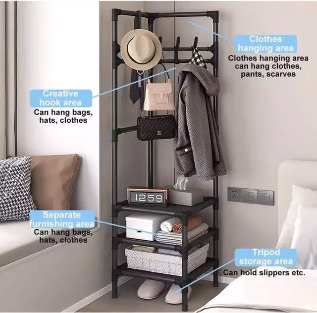 FORGEVIO Metal Coat Stand and Clothes Hanging Rail with Shoe Rack in Matt Black