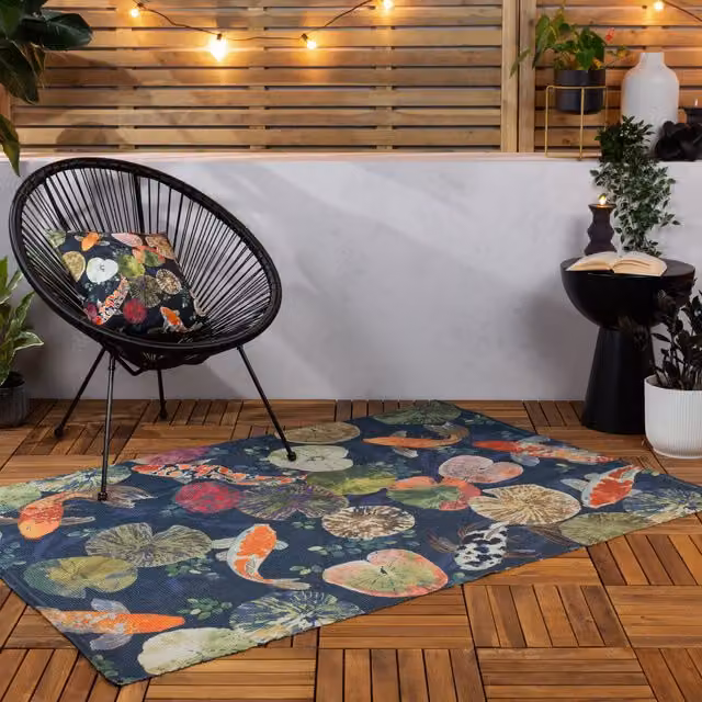 Koi Floral Washable Outdoor Rug in Midnight Blue and Multicolour, Flat Weave Polyester Rectangular Rug for Garden, Terrace or Balcony