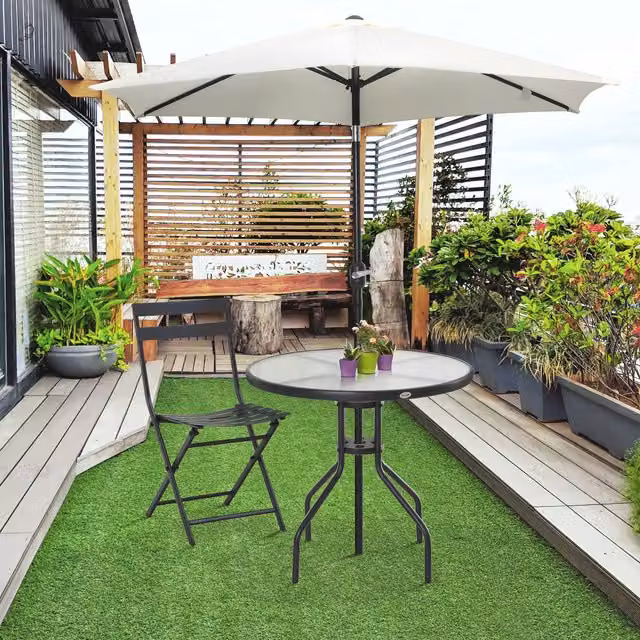 Outsunny Modern Round Bistro Outdoor Garden Table with Black Powder Coated Steel Frame and Glass Top