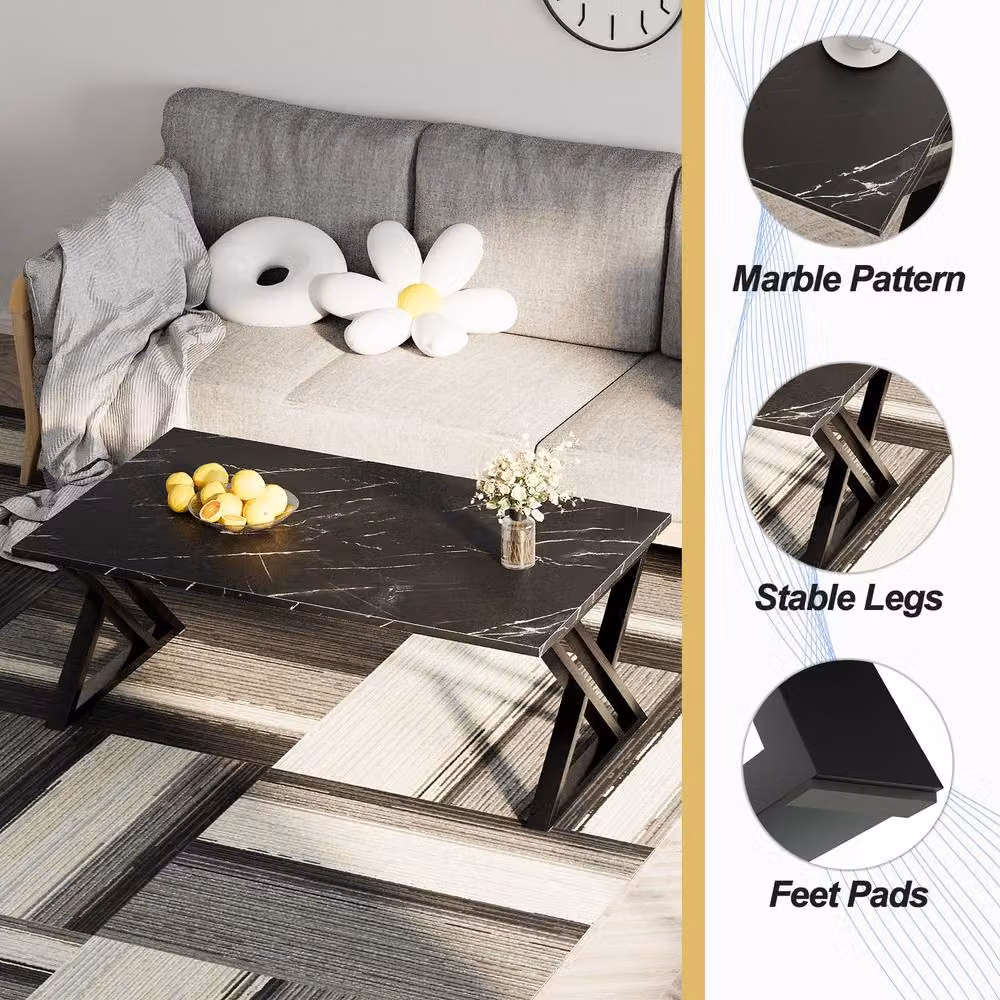 Huhote Modern Rectangular Coffee Table with Black Metal X-Frame and Composite Top – 4