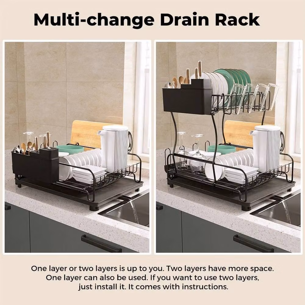 NESTLUNE Expandable 2 Tier Dish Drainer Rack with Cutlery Holder and Drip Tray, Black, W: 100 cm, D: 15 cm – 5