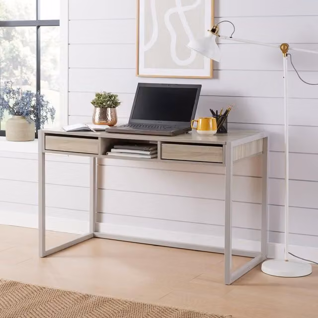Home Source Modern Computer Desk with Single Pedestal and Storage in Oak – 1