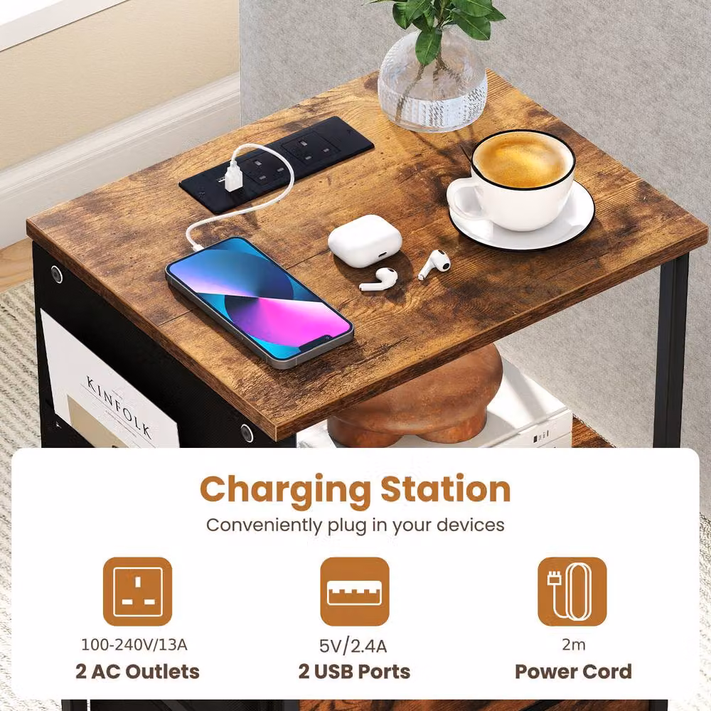 Gymax 2 Pack Brown Nightstand End Tables with Charging Station, LED Lights and 2 Drawers – 8