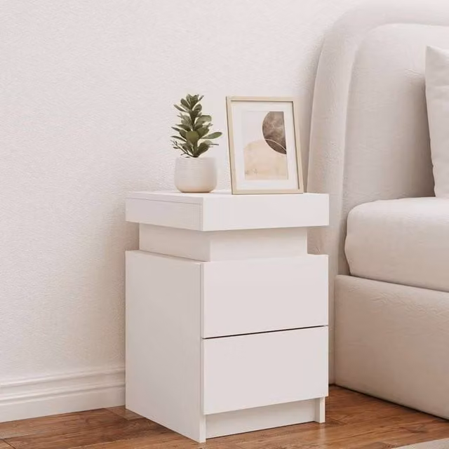Berkfield Home Beautiful Bedside Cabinet with Integrated LED Lights, White, W/D/H: 35 x 39 x 55 cm