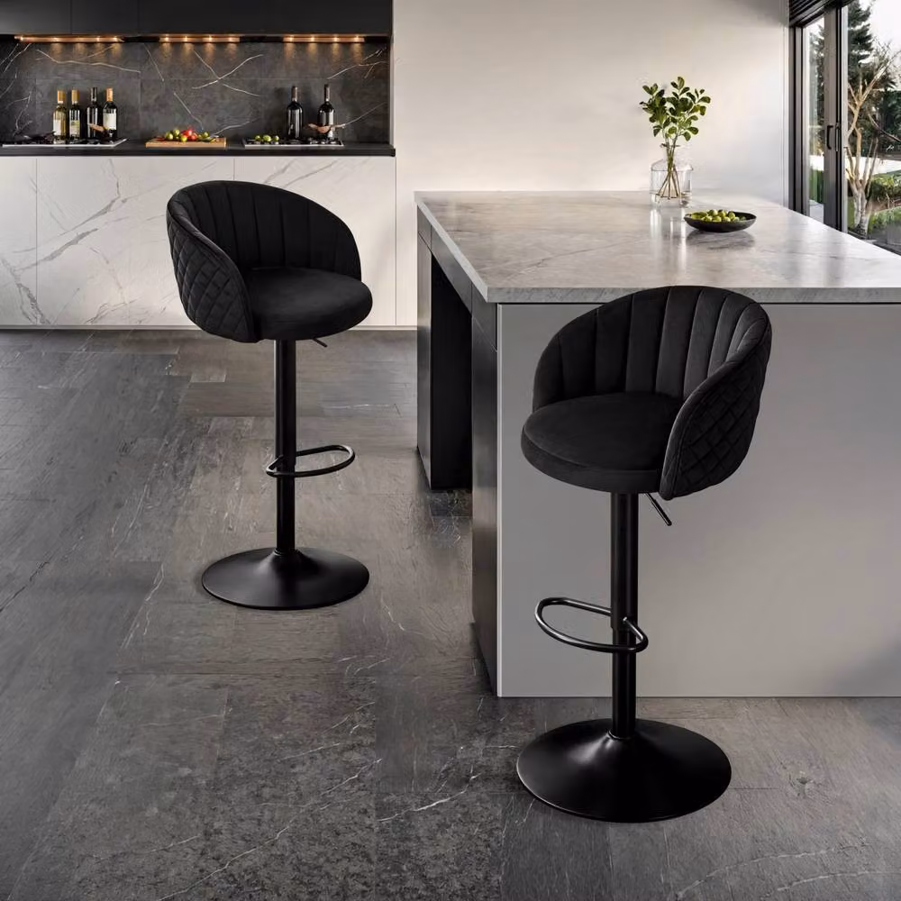 STOOLINK Set of 2 Modern Black Velvet Swivel Bar Stools with Arms and Backs – 8