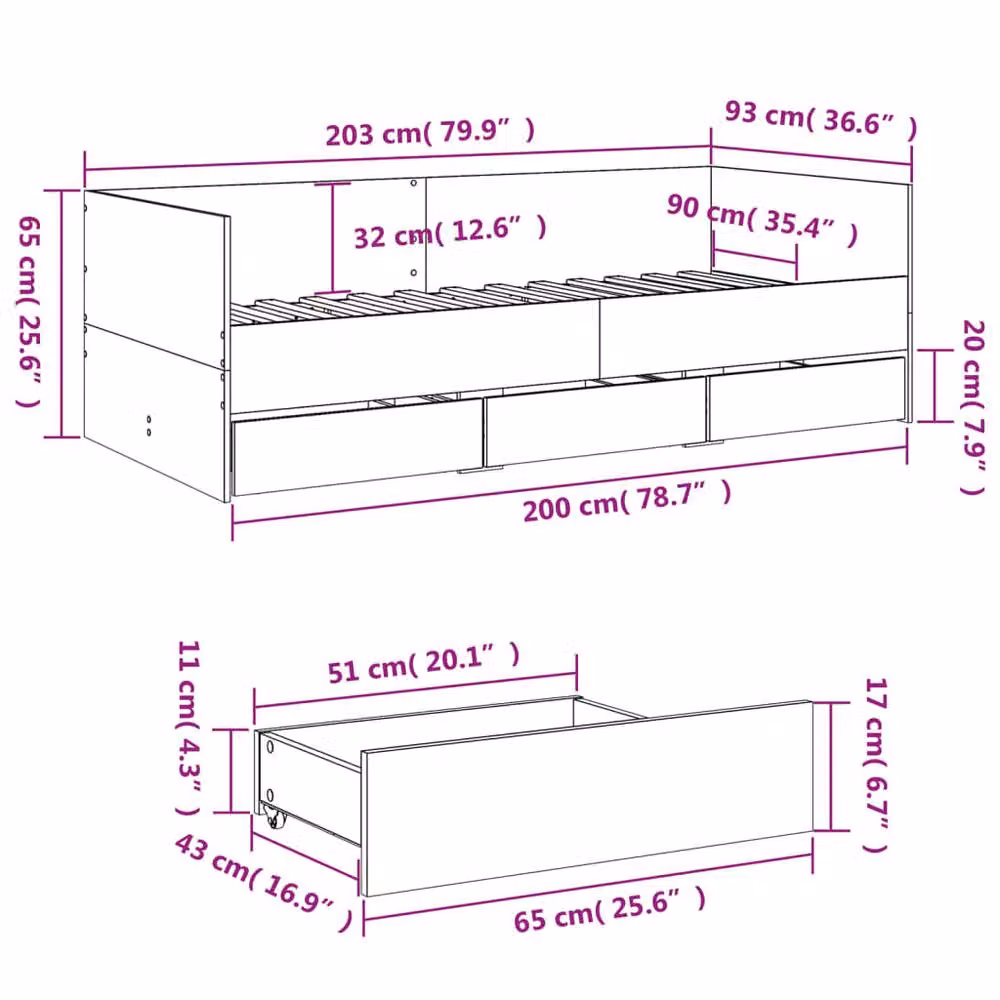 Berkfield Home Daybed with Drawers in Smoked Oak Brown, W/D/H: 90 x 200 cm – 6