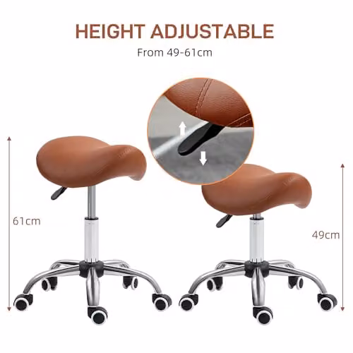 HOMCOM Brown PU Leather Saddle Stool with Adjustable Height and Castors – 3