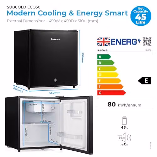 Subcold Eco50 Mini Fridge Black, 45L Countertop Compressor Model with Lockable Solid Door – 7