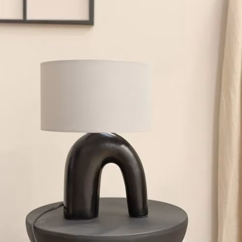 ValueLights Lia Ceramic Table Lamp with Grey Fabric Drum Shade and Black Arch Abstract Design – 2