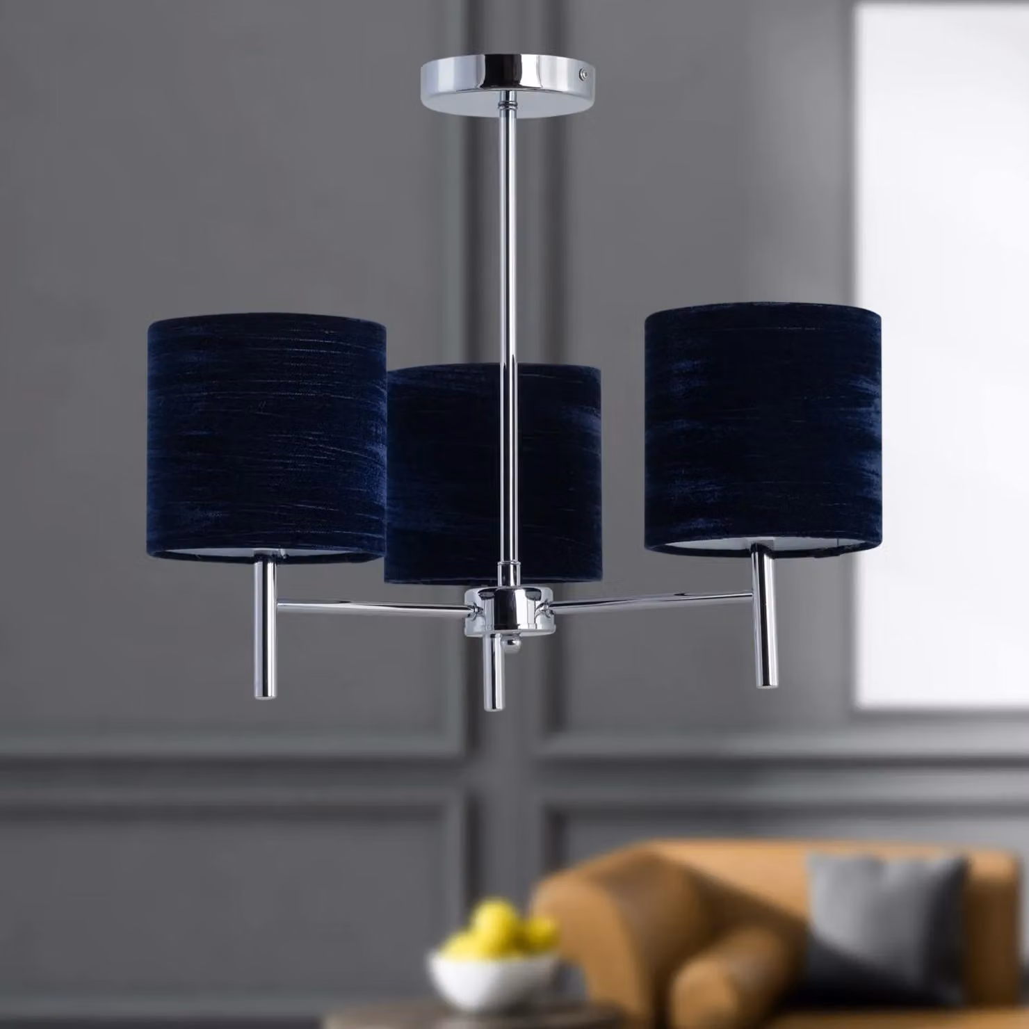 First Choice Lighting Brea Set of 2 Chrome Ceiling Light Fittings with Blue Fabric Shades – 5