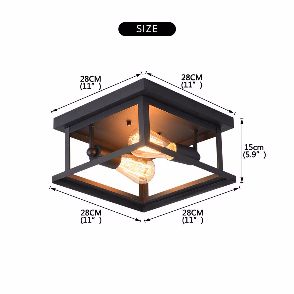 NIVOR Retro Rectangle Industrial 2-Light Flush Mount Ceiling Chandelier in Black – 2