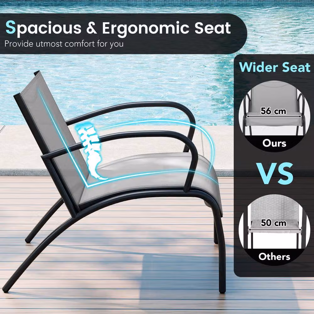 Gymax 3 Piece Metal Patio Furniture Set with Round Coffee Table and Wide Armchairs in Grey – 3