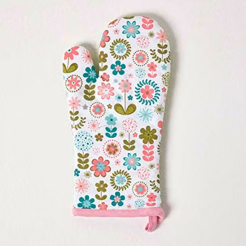Homescapes Cotton Oven Glove in Green, Blue and Multicolour, W: 18 cm x H: 32 cm