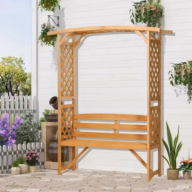 Hinsinc Wooden Garden Arbour Bench with Trellis Pergola in Brown
