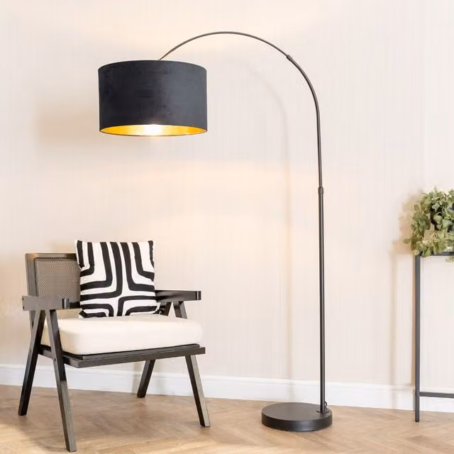 ValueLights Louis Black Arched Floor Lamp with Black Velvet and Gold Inner Shade and Warm White Bulb – 1