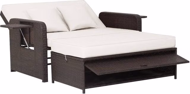 Costway White Polyrattan Patio Daybed Set with Loveseat Sofa, Ottoman and Side Tray
