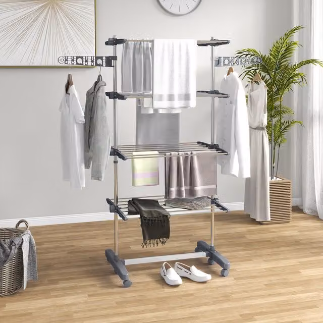 HOMCOM Foldable Metal Clothes Drying Rack with Wing Arms and Wheels, Grey, Height: 172 cm