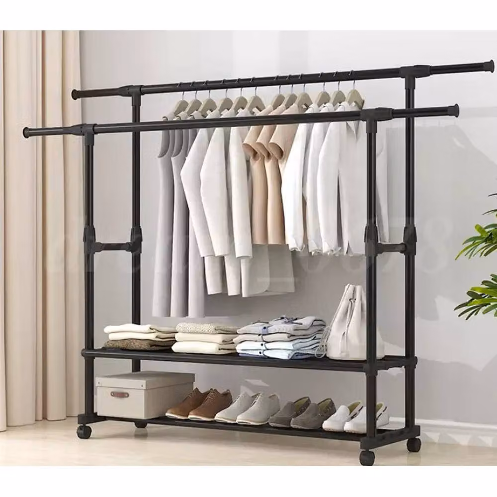 NESTLUNE Heavy Duty Double Clothes Rail Rack in Matt Black Metal – 4