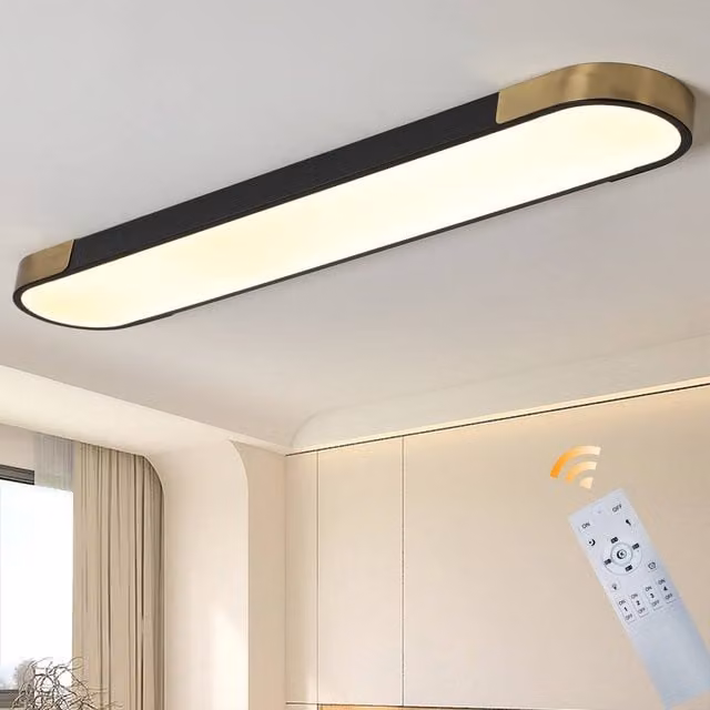 NIVOR Dimmable LED Linear Flush Mount Ceiling Lamp with Remote Control, Black and Gold/Brass, 70 cm