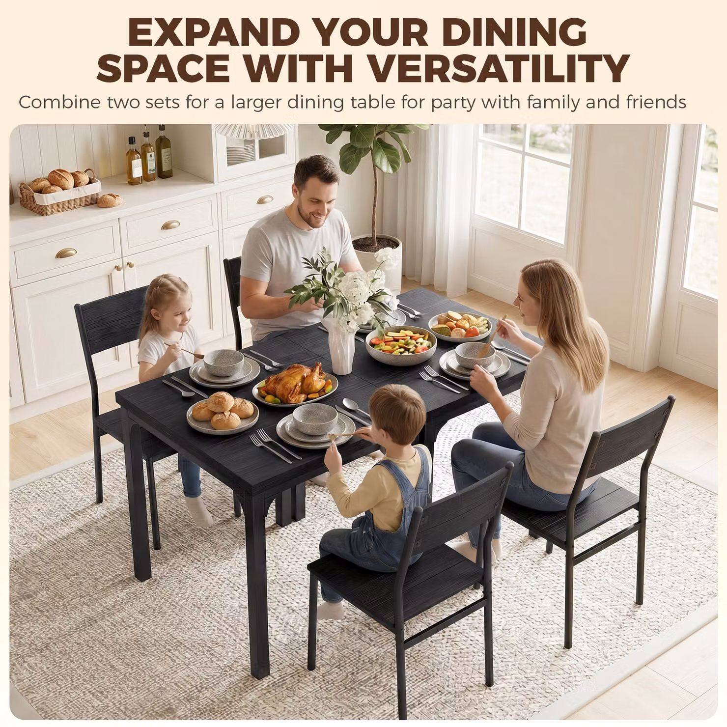 HOMCOM 3 Piece Modern Kitchen Dining Table and Chairs Set in Black Wood Effect with Metal Legs – 7
