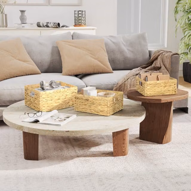 HOMCOM Set of 3 Open Weave Wicker Storage Baskets in Beige and Yellow with Metal Wire Frame