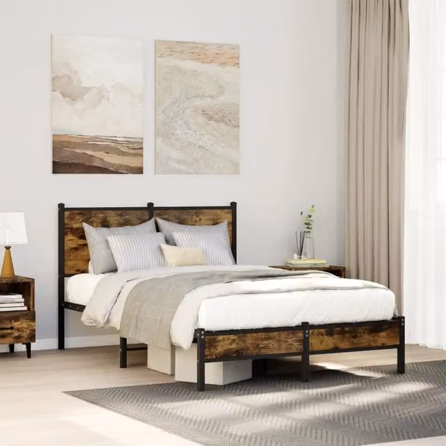 Berkfield Home Metal Bed Frame in Smoked Oak Brown, W/D/H: 120 x 200 cm – 1