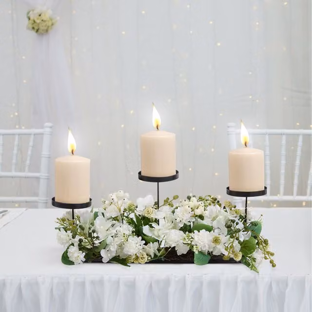 Lifeideas White Metal Pillar Candlesticks with Artificial Floral Decor and Light String for Wedding and Anniversary Tabletop Decoration