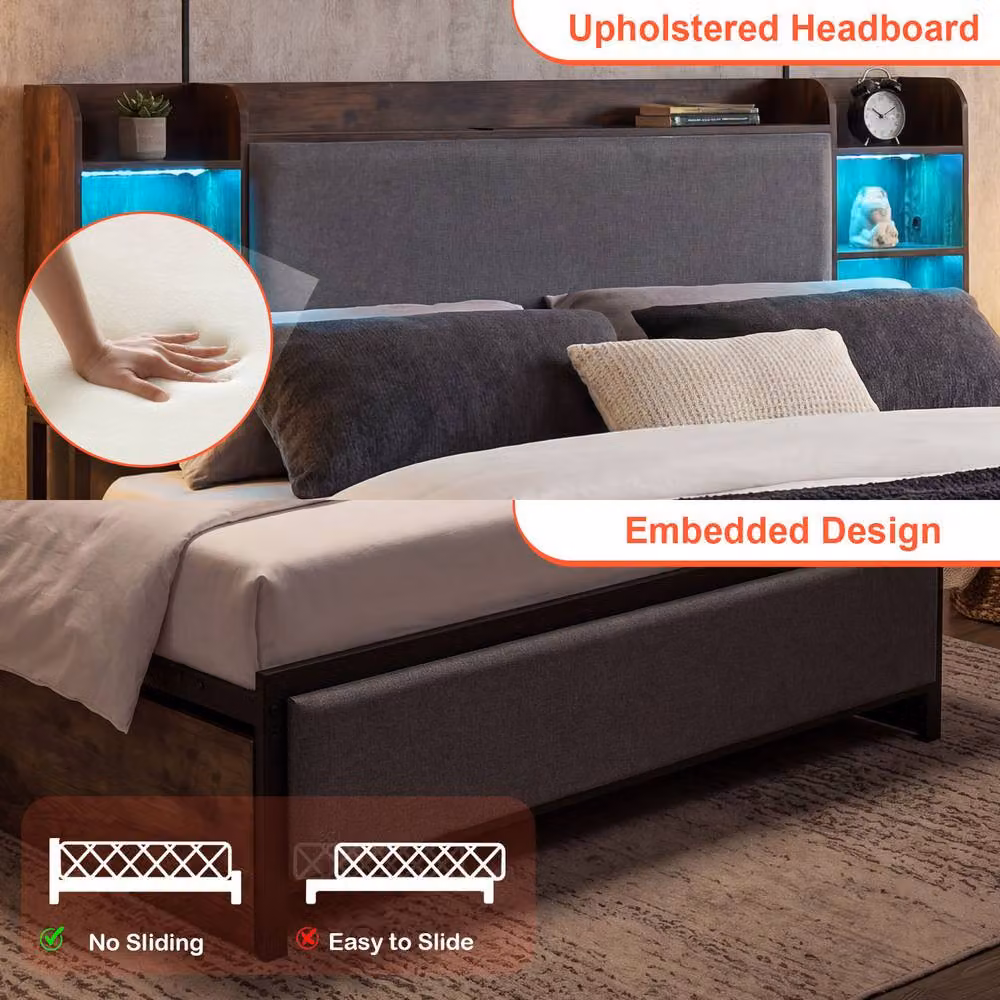 Costway King Size Bed Frame in Brown with LED Lights, USB Charging Port and Storage Drawers, W/D/H: 180 x 200 cm – 8